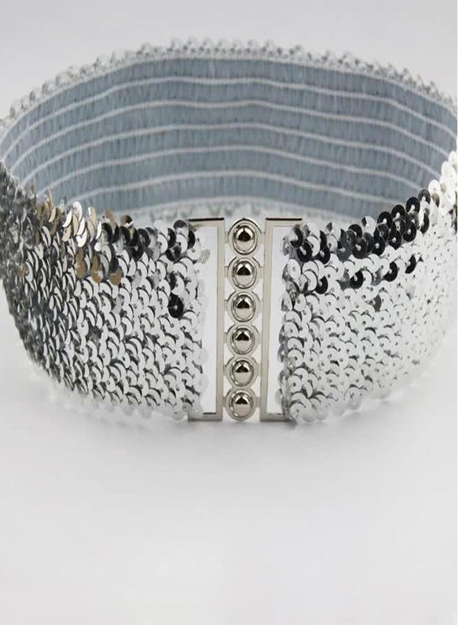ArrErr 2 Pack Women Wide Elastic Belts Shiny Glitter Bling Sparkly Sequin Belt Retro Cinch Belt Waistband for 70s 80s Costume Party Disco Outfit Sparkle Flare Jumpsuit Halloween Cosplay Sequins Dress - Image 5